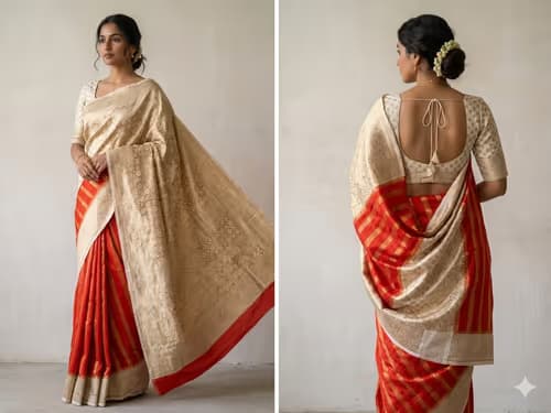 Orange fancy saree with ready blouse